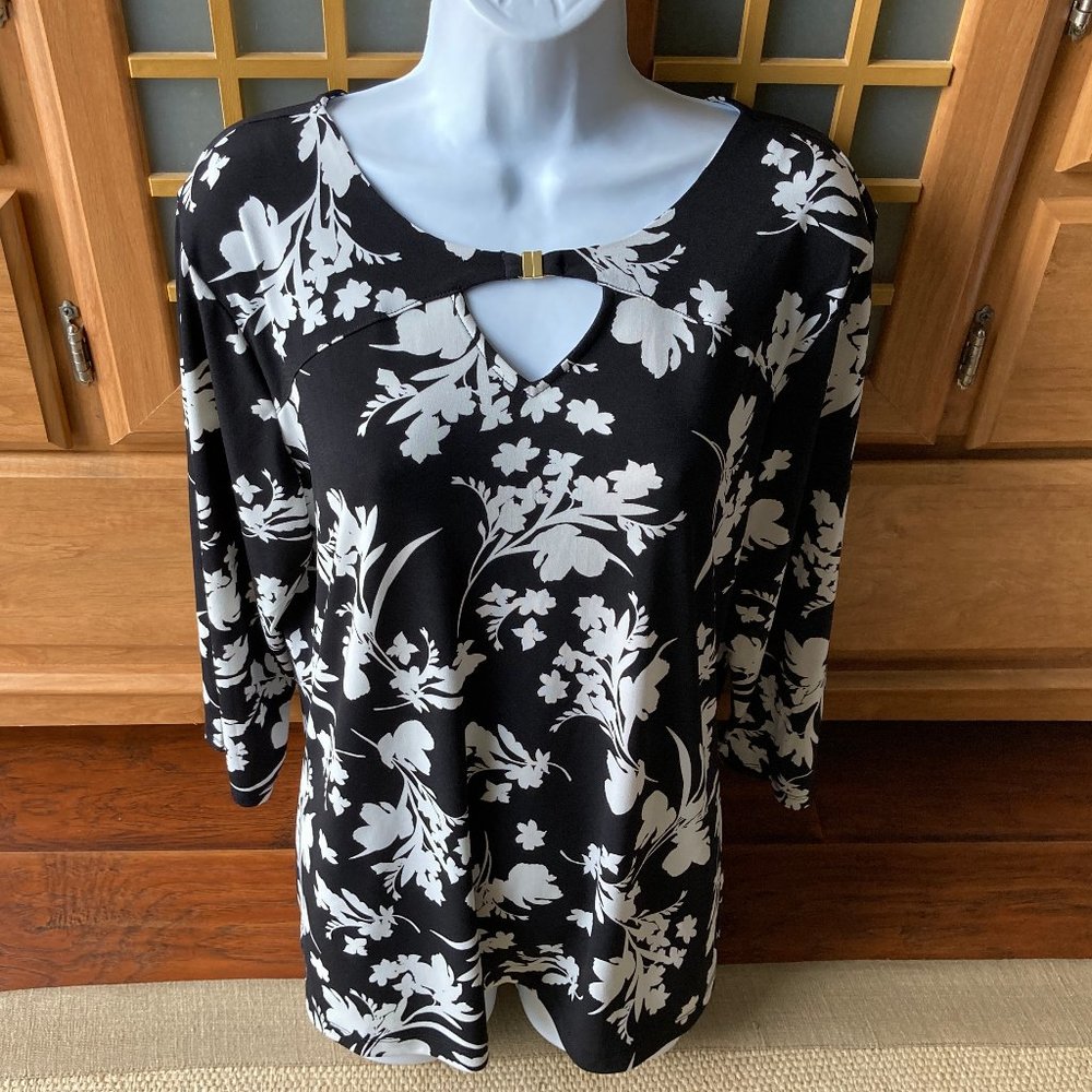 Liz Claiborne Classic Black White Floral Long Sleeve Blouse X Large
